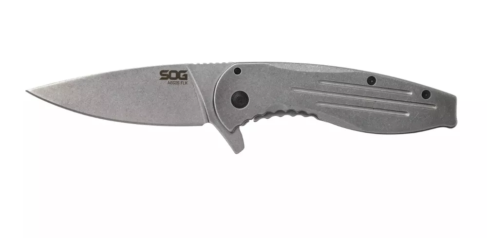 SOG Aegis FLK Flipper Knife 3.38" Stonewashed Drop Point Bla